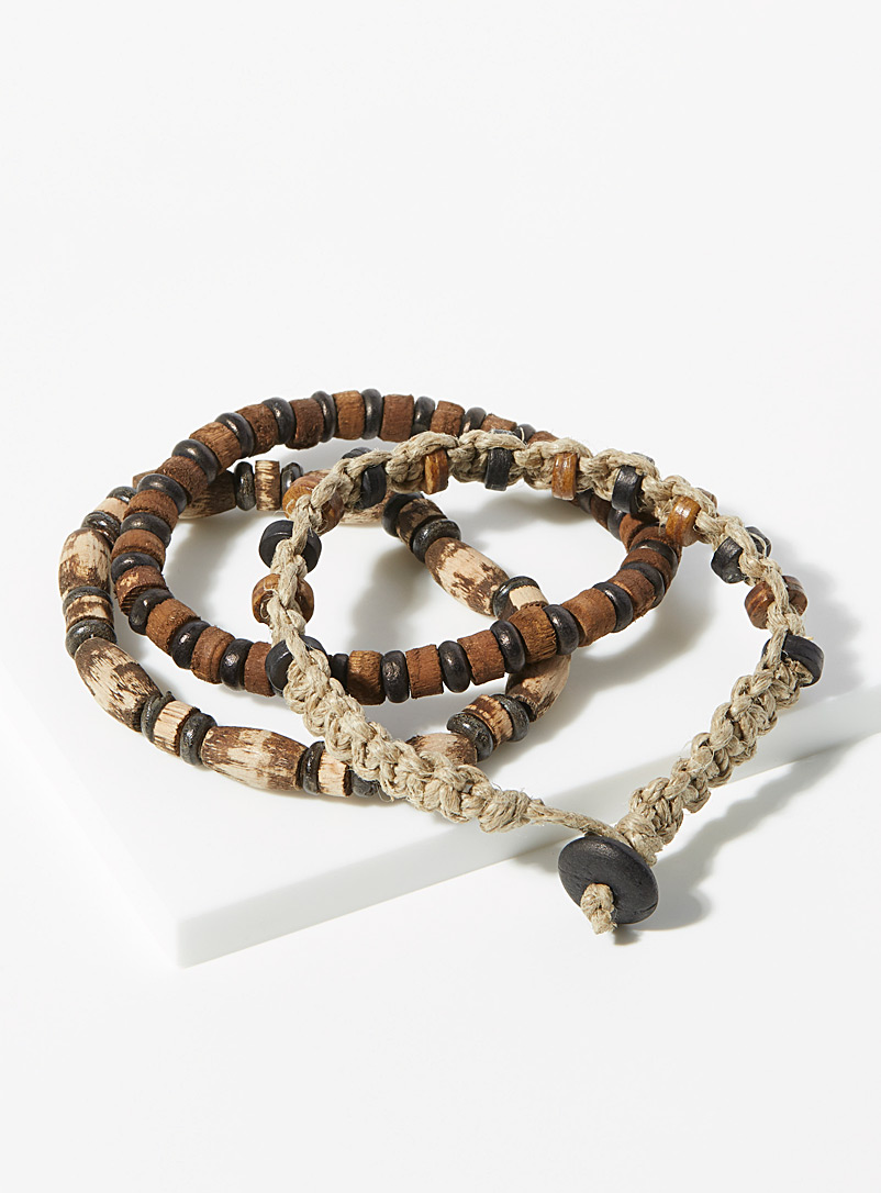 Le 31 Brown Braided cord and wooden bracelet trio for men