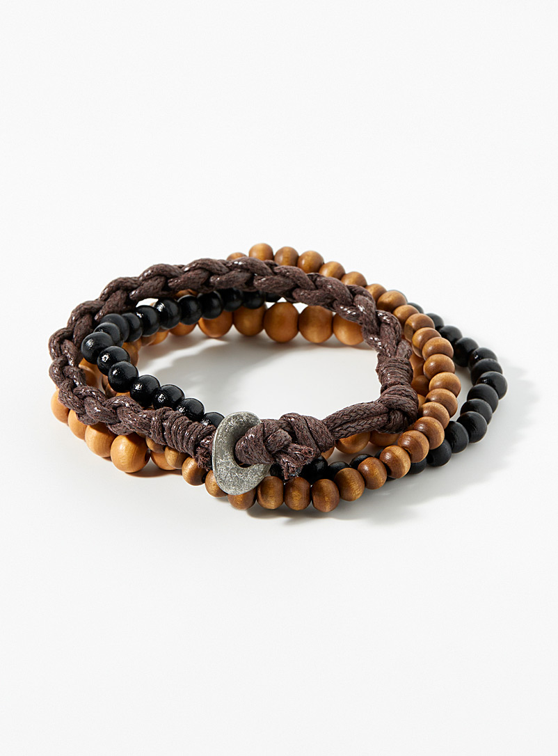 Le 31 Brown Braided cord and wooden bead bracelets Set of 4 for men