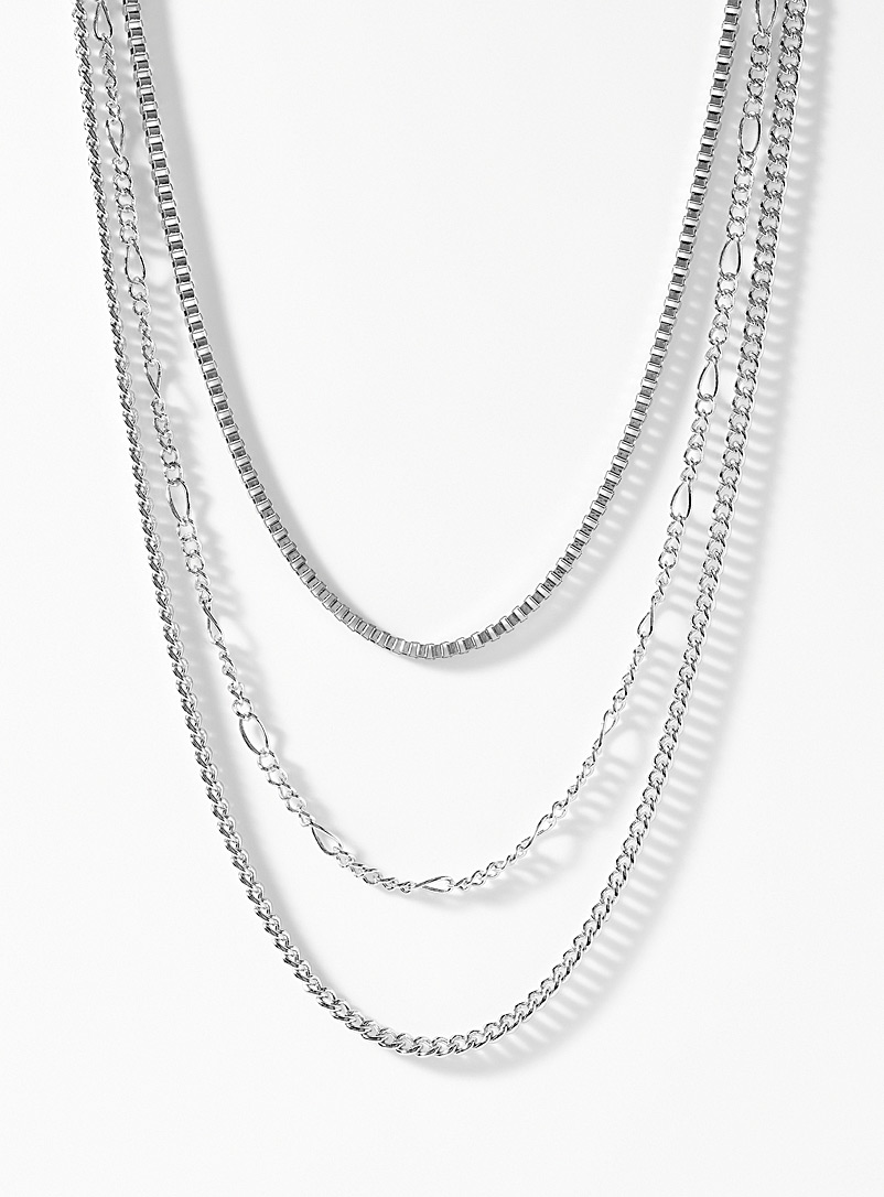 Le 31 Silver Mixed-link triple chain for men