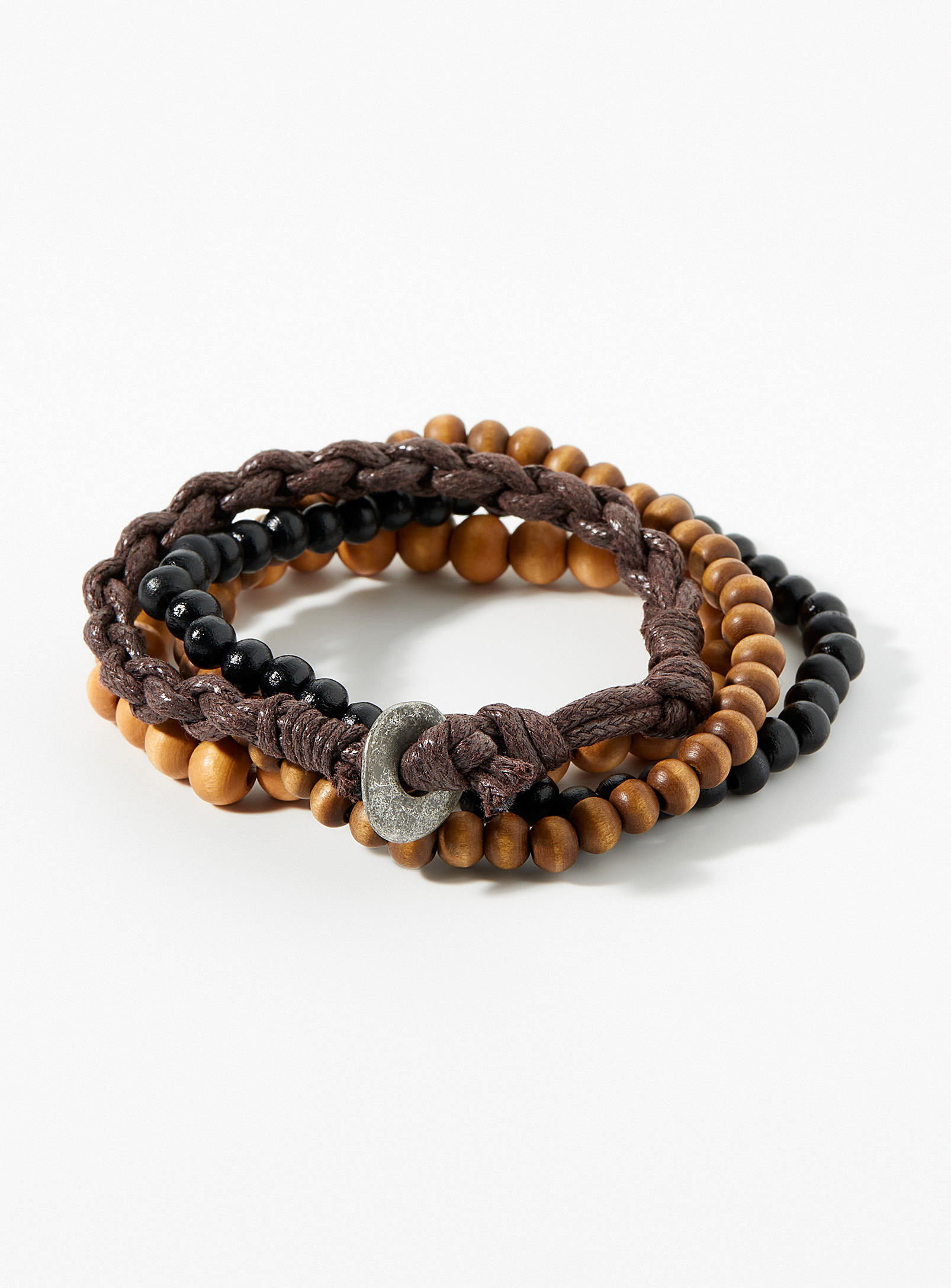 Le 31 Braided Cord And Wooden Bead Bracelets Set Of 4 In Brown