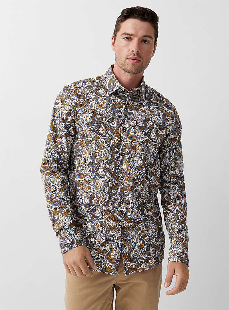 Le 31 Patterned White Golden yellow paisley shirt Modern fit for men
