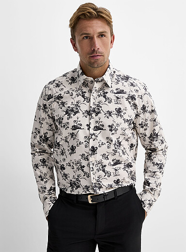 Le 31 White Monochrome flowers shirt <b>Modern fit</b> for men
