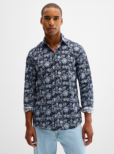 Le 31 Patterned Blue Bluish floral shirt <b>Modern fit</b> for men
