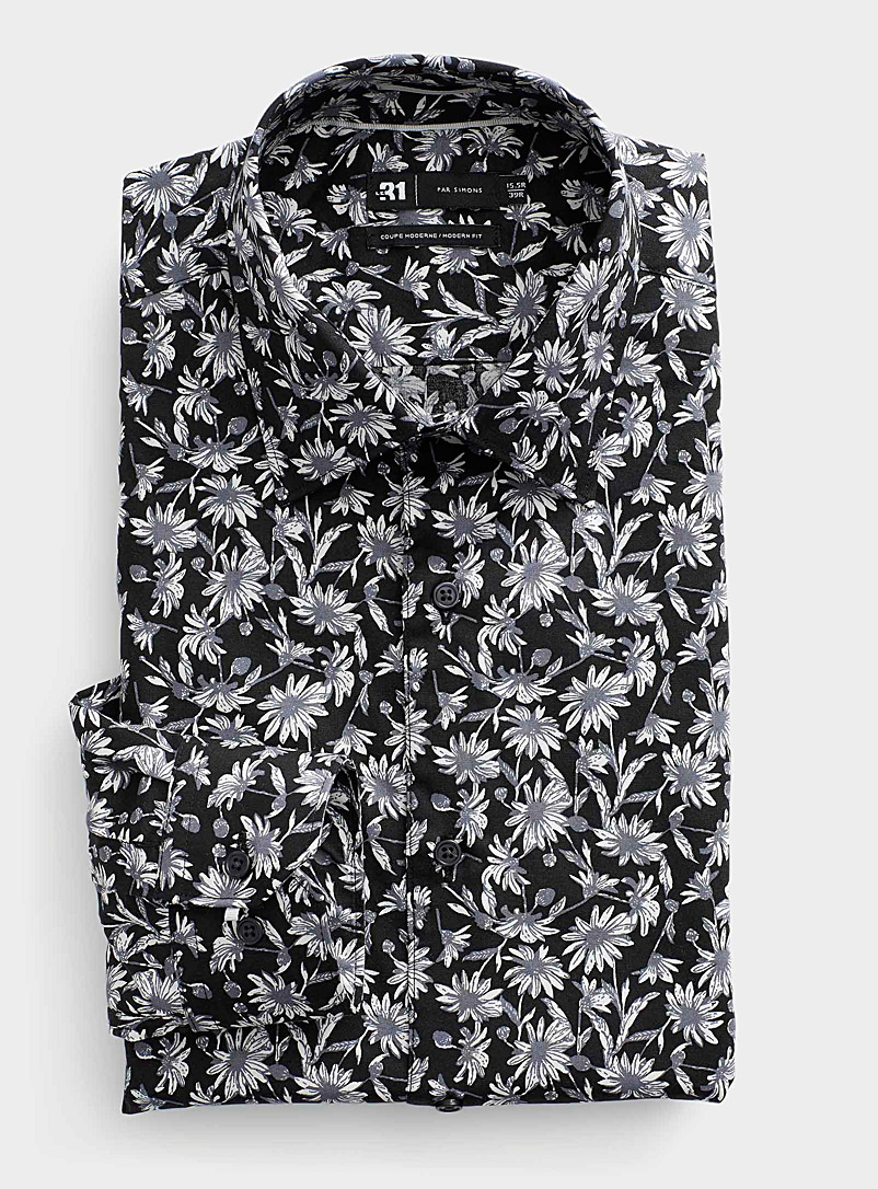 Le 31 Patterned Black Monochrome daisy shirt Modern fit for men