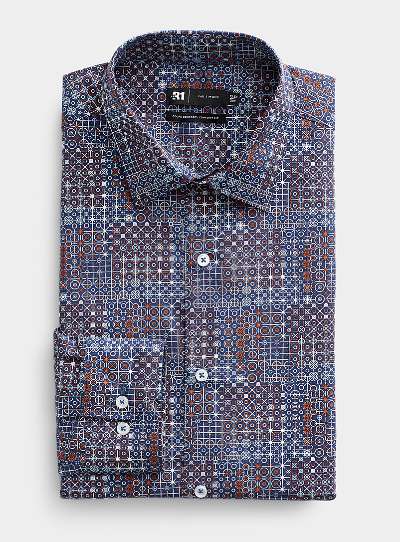 Le 31 Marine Blue Geo mosaic shirt Comfort fit for men