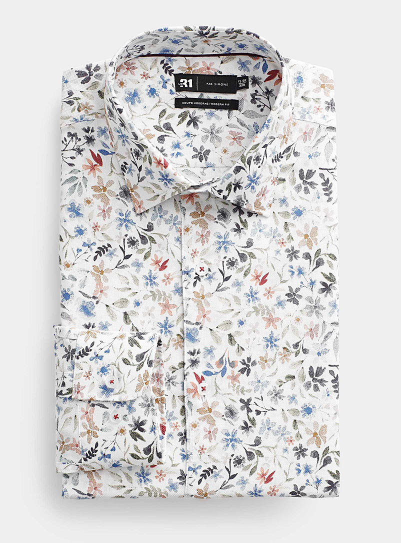 Le 31: La chemise texturée aquarelle florale Coupe moderne Blanc à motifs pour homme