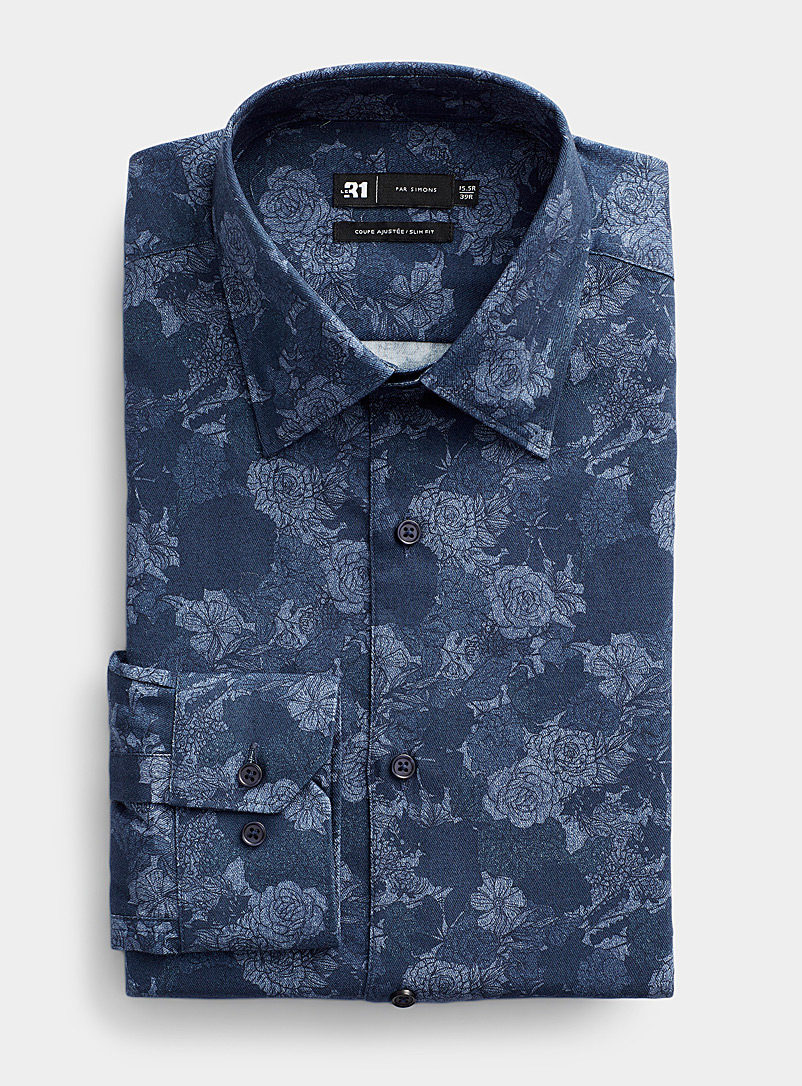 Le 31 Marine Blue Faux-denim floral shirt Slim fit for men
