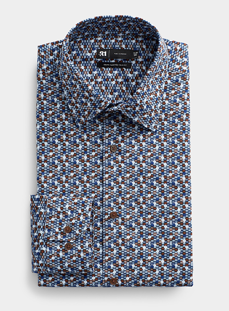Le 31 Patterned Blue Stretch honeycomb pattern shirt Slim fit for men