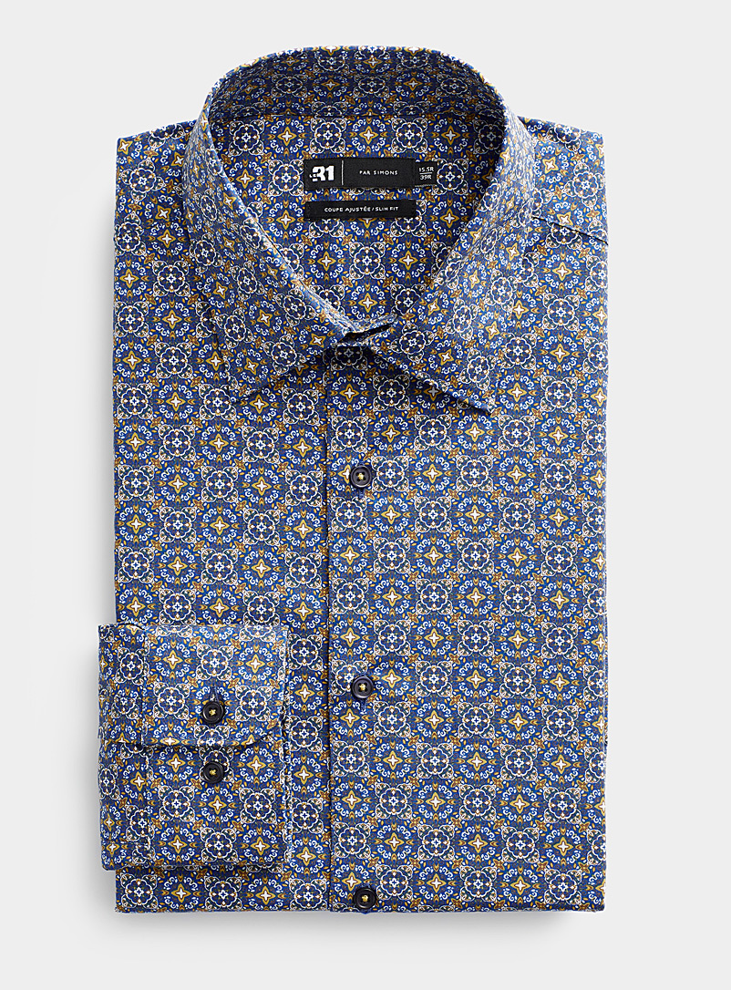 Le 31 Patterned Blue Two-tone mosaic shirt Slim fit for men