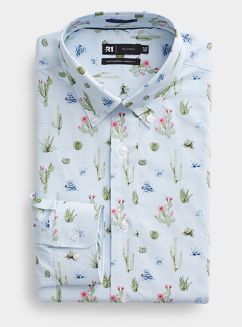 Le 31 Patterned blue  Blooming cactus shirt Modern fit for men