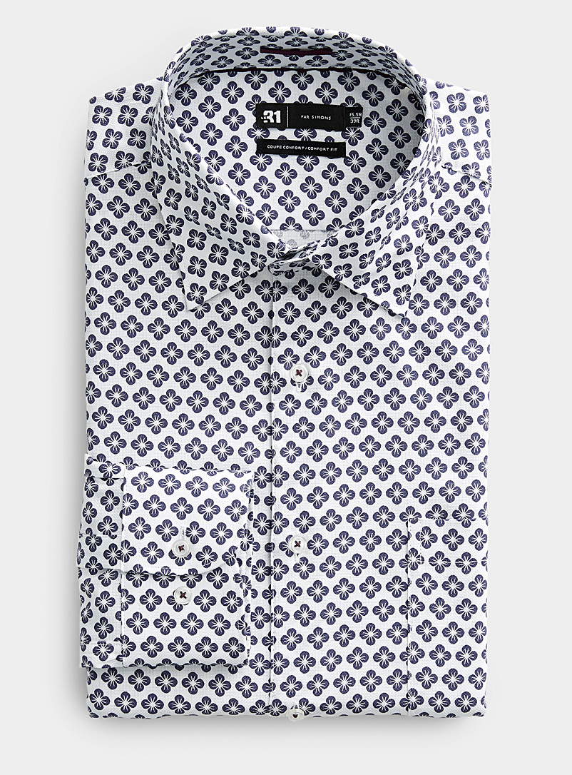 Le 31 Patterned White Floral mosaic piqué shirt Comfort fit for men
