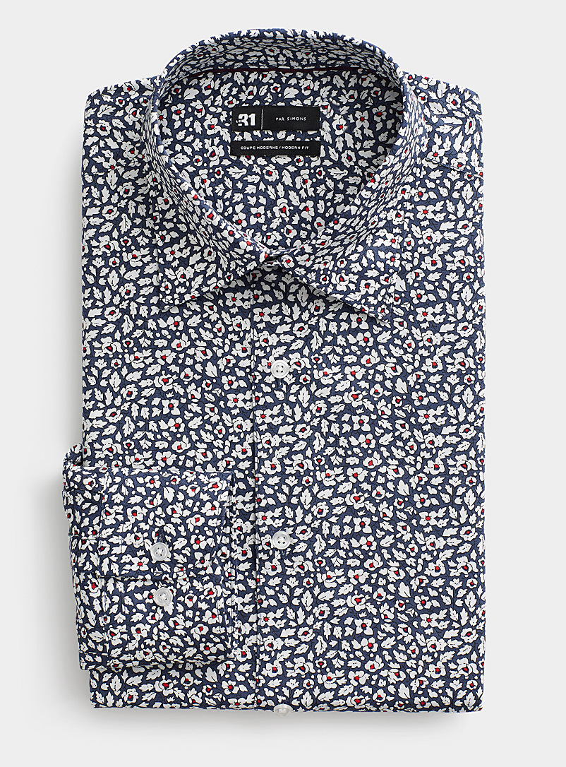 Le 31: La chemise fleurs contrastantes Coupe moderne Marine à motif pour homme