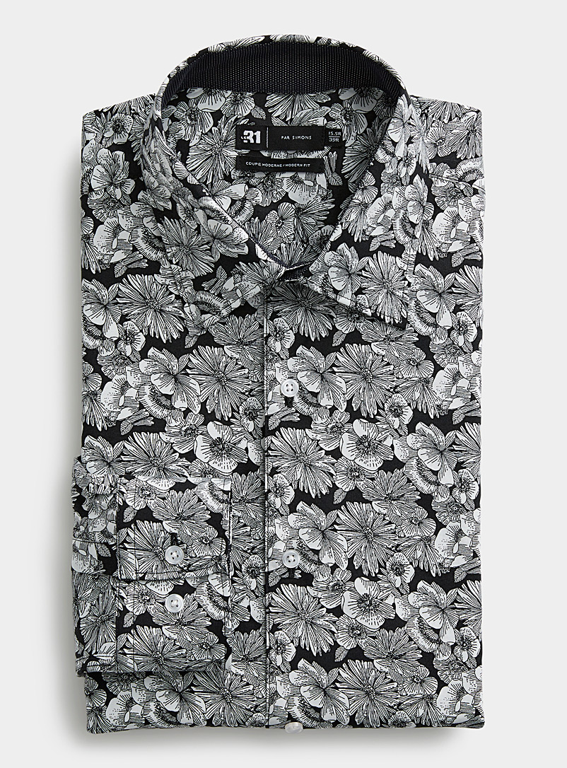 Le 31 Patterned Black Contrast-bouquet shirt Modern fit for men