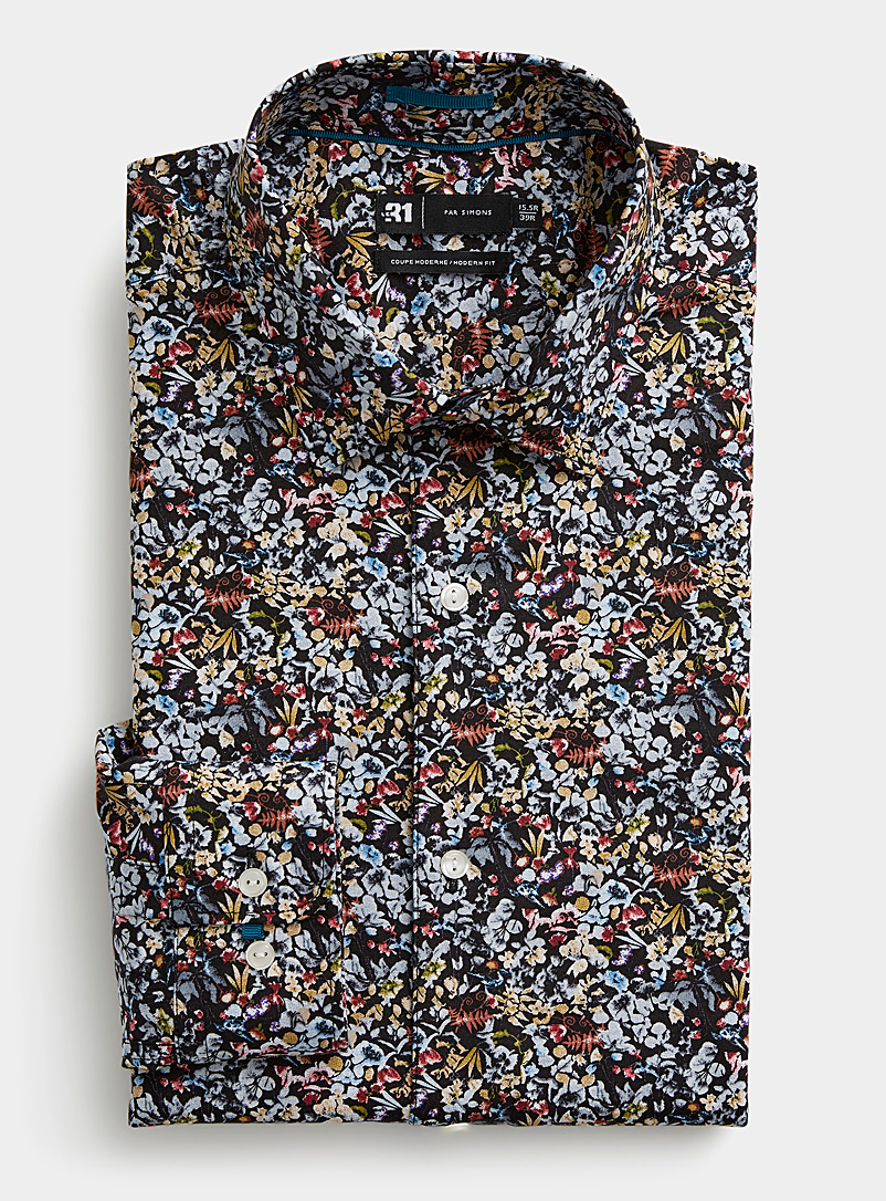 Le 31: La chemise bouquet coloré Coupe moderne Noir à motifs pour homme