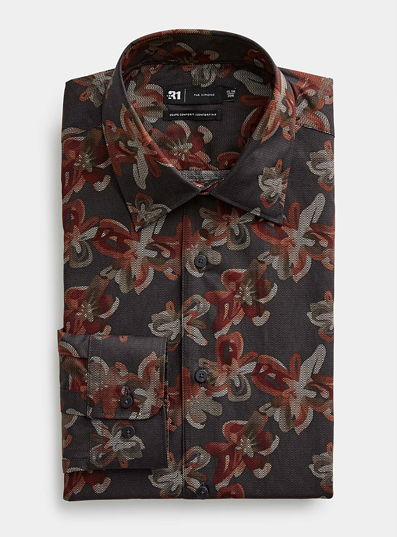 Le 31 Dark Grey Floral and herringbone silhouette shirt Comfort fit for men