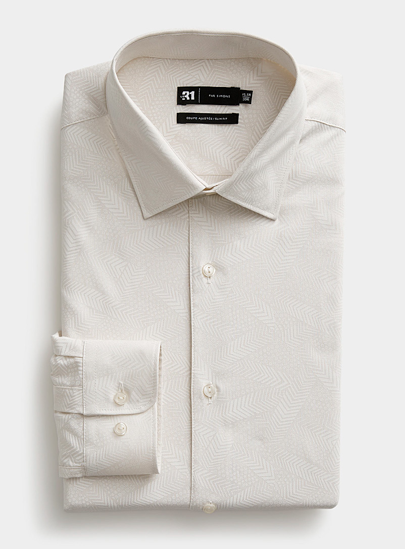 Le 31 Ivory White Tone-on-tone pattern shirt Slim fit for men