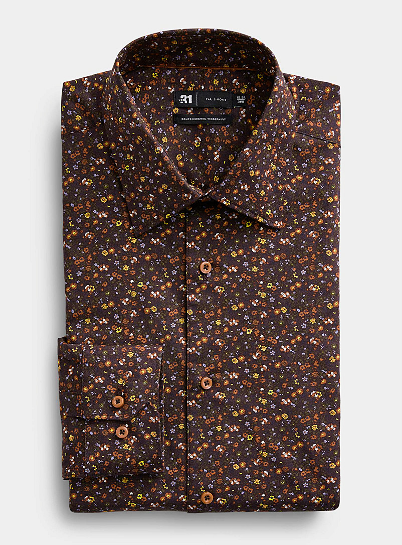 Le 31 Dark Brown Fall blossom shirt Modern fit for men