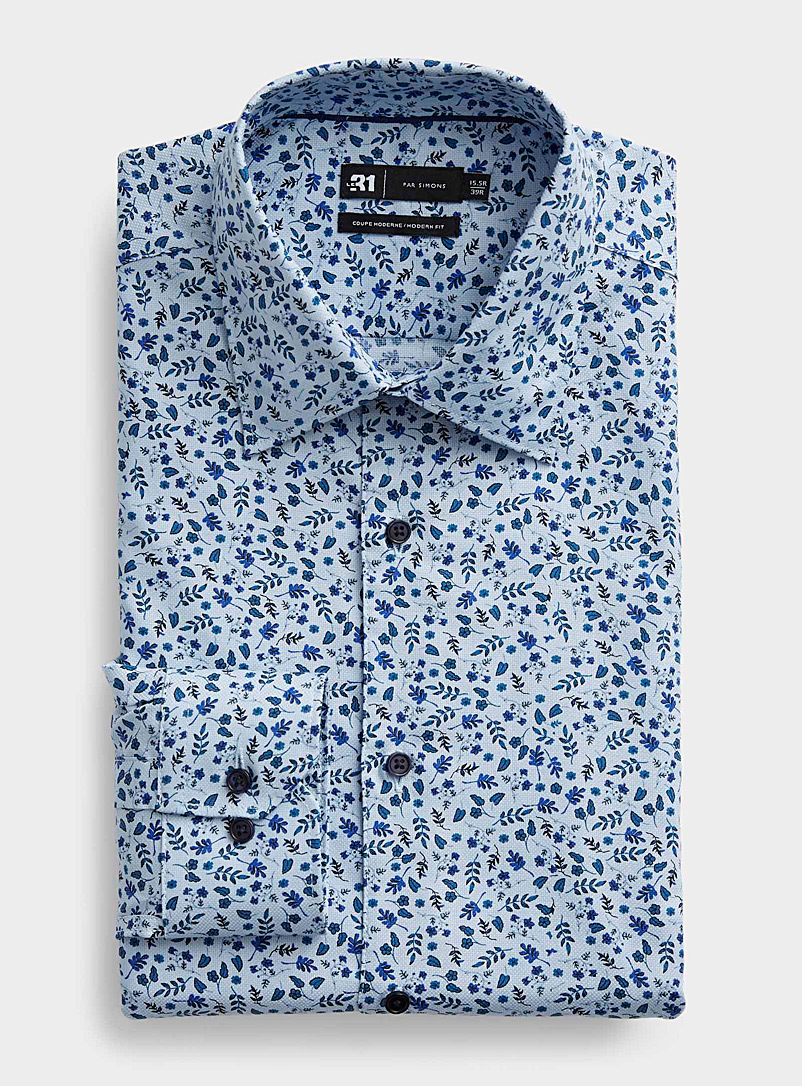 Le 31 Patterned Blue Nocturnal botanical-garden piqué shirt Modern fit for men
