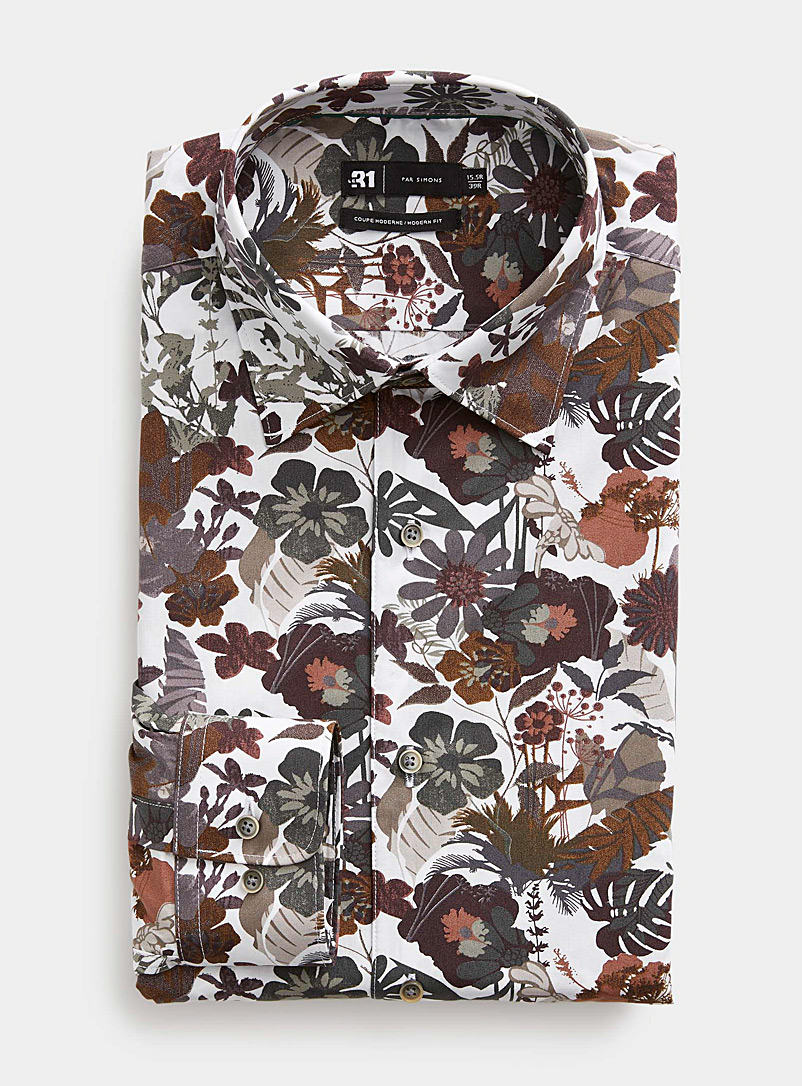 Le 31 Sand Neutral-coloured tropical flower shirt Modern fit for men
