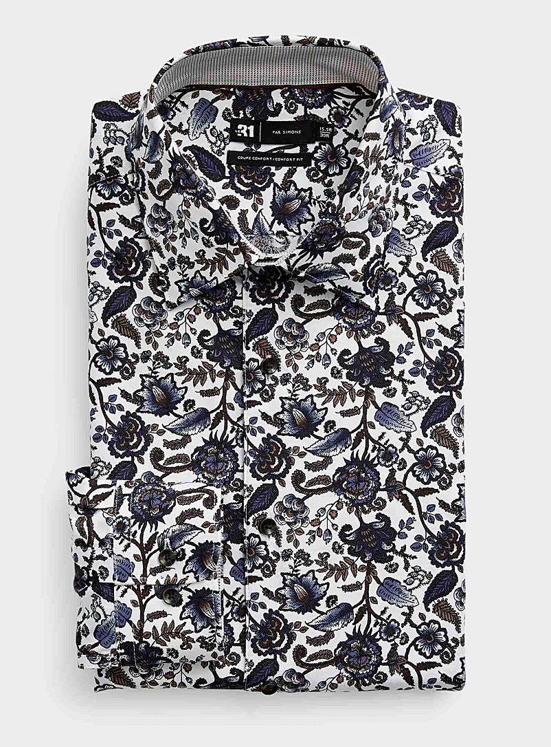 Le 31 Patterned White Winter flower organic cotton shirt Comfort fit for men