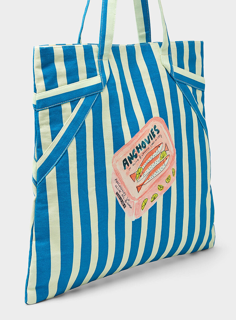 Simons Patterned Blue Colourful striped tote for women