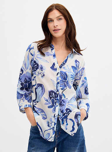 Blue flower loose voile shirt