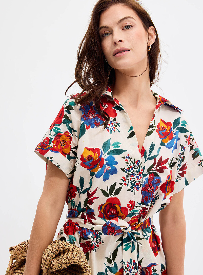 Palme Patterned White Bright garden voile shirtdress for women