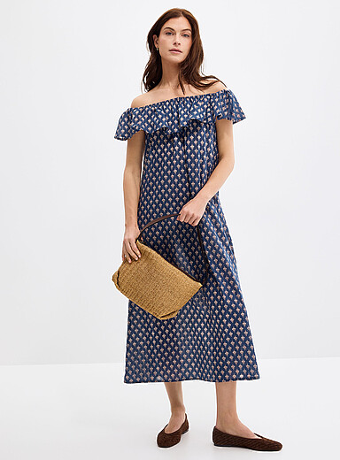 Off-the-shoulder mosaic voile dress