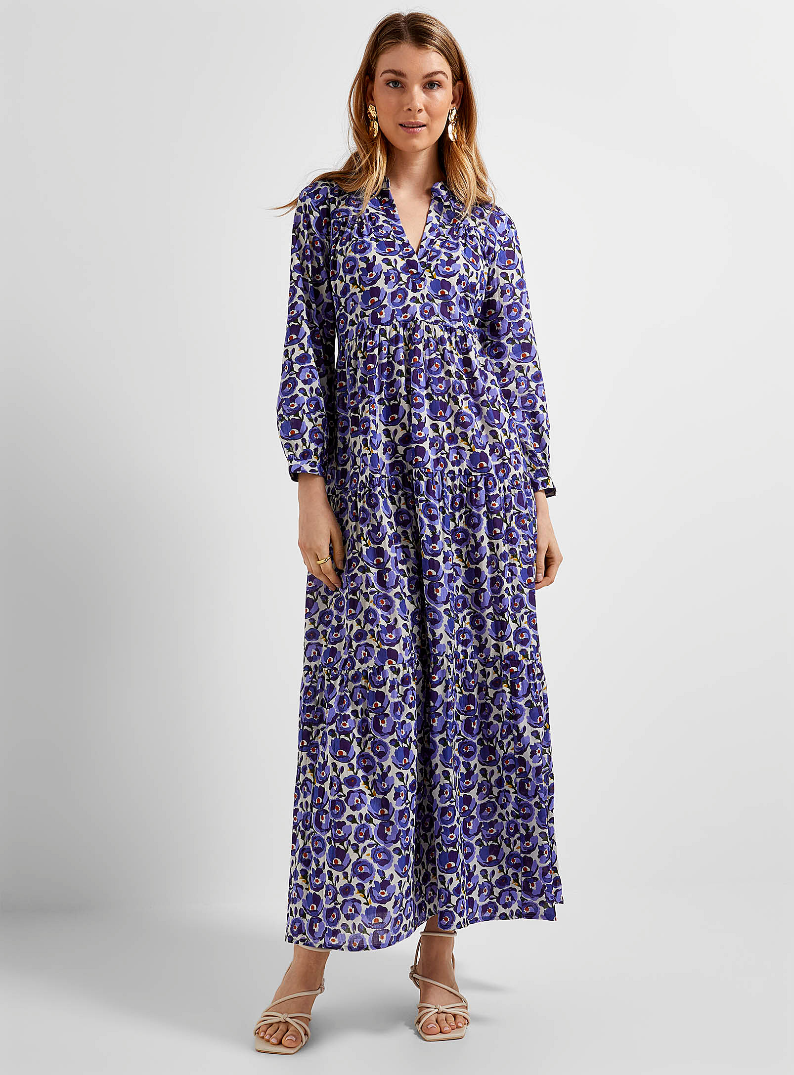 Contemporaine Summer Flowers Tiered Dress In Patterned Blue