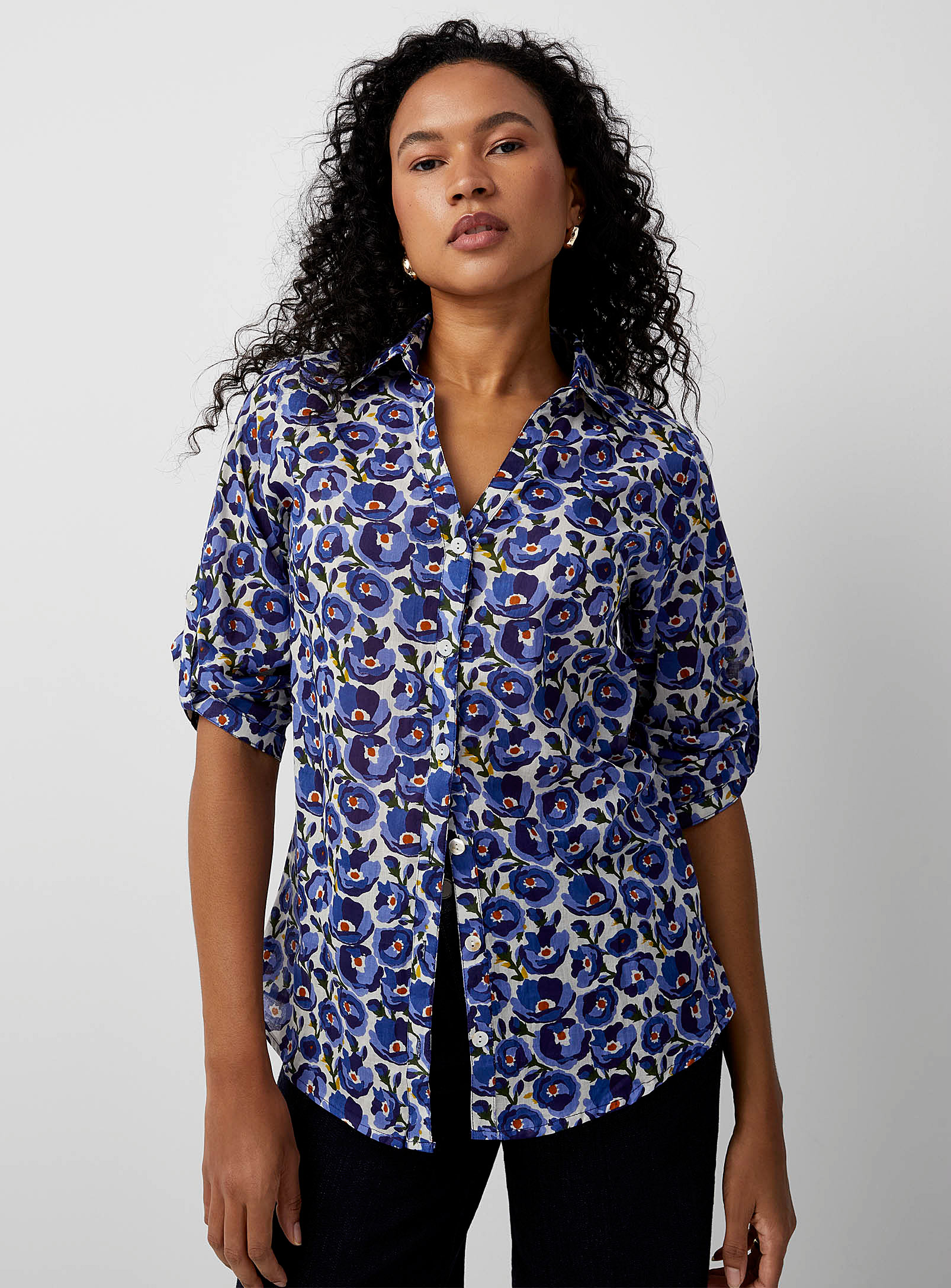 Contemporaine Bright Floral Voile Shirt In Patterned Blue