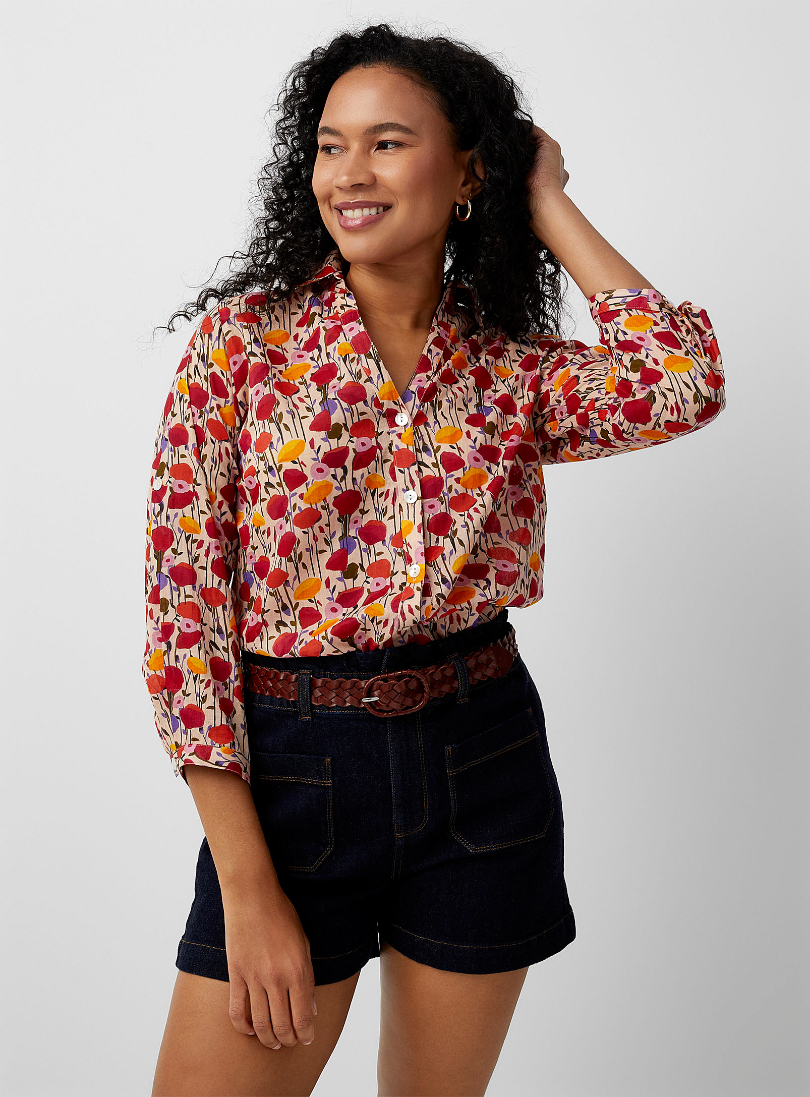 Contemporaine Bright Floral Voile Shirt In Patterned Red