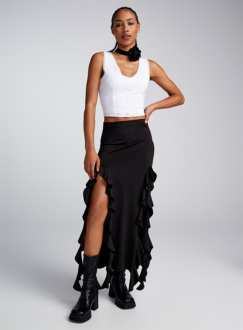 Twik Black Ruffled shiny skirt for women