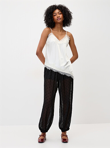 Flocked polka dots chiffon barrel-leg pant