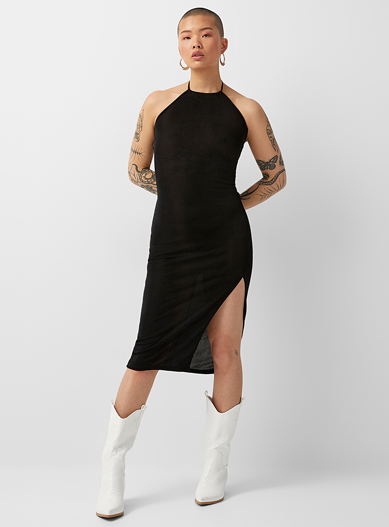 Twik Black Side-slit fitted halter dress for women