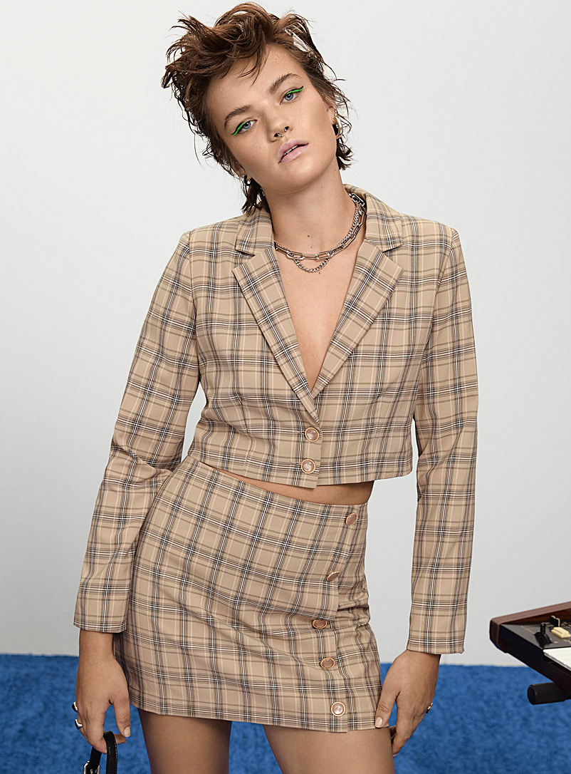 Twik Ecru/Linen Jewel-button cropped check jacket for women