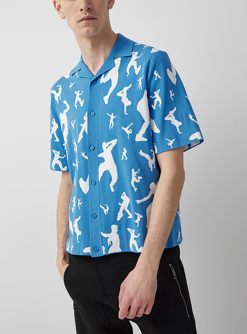 Neil Barrett Blue Dancers technical knit bowling shirt for men
