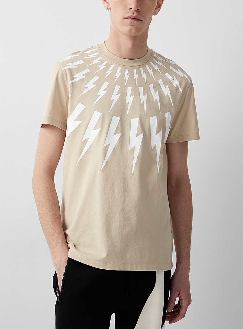 Neil Barrett Cream Beige Accent lightning bolt Fair Isle T-shirt for men