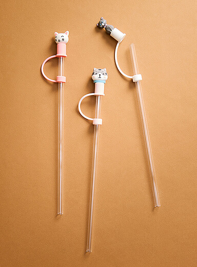 Simons Maison Patterned White Large transparent straws with playful stoppers Set of 3