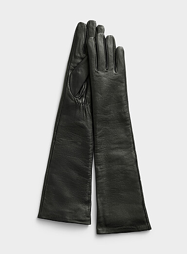 Gathered-cuff long leather gloves
