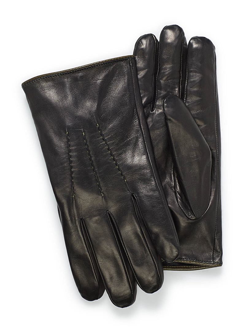 Le 31 Black Contrast cuff leather gloves for men