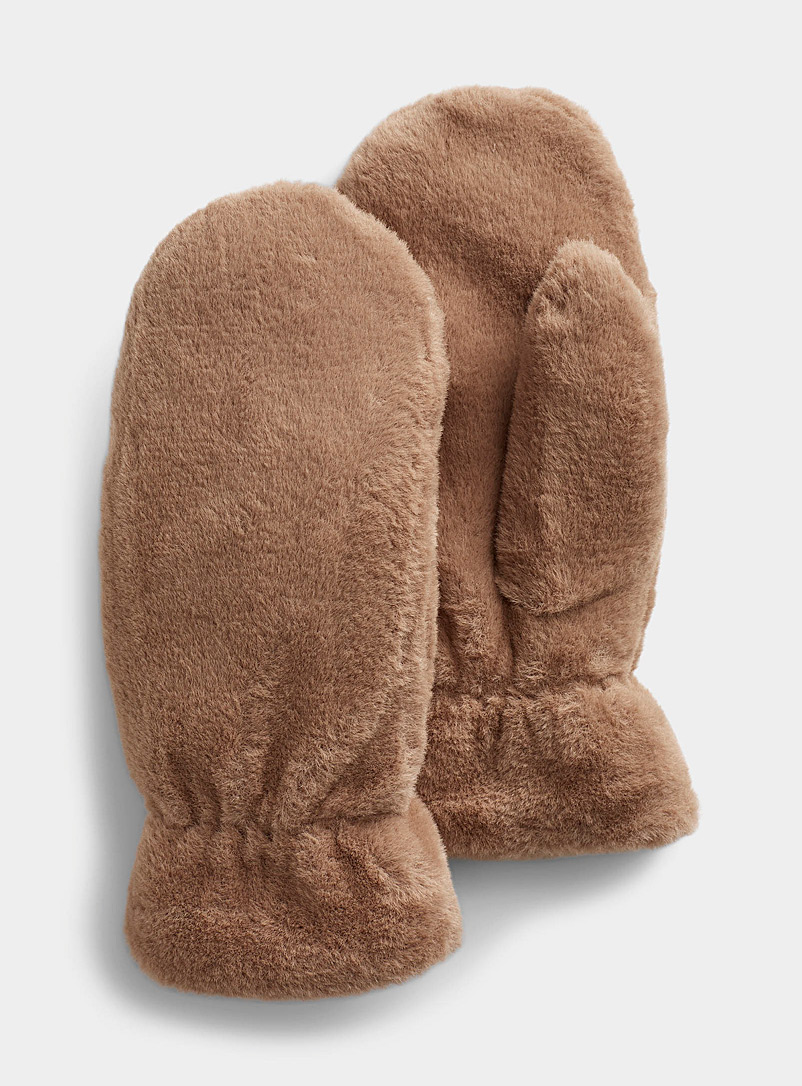 Simons Light Brown Ultra-soft fuzzy mittens for women