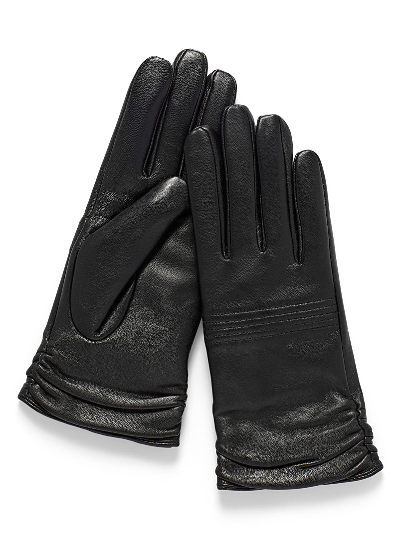 Simons Black Draped cuff leather gloves for women