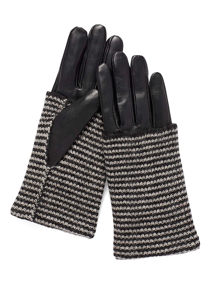 Simons: Le gant cuir chauffe-poignet rayé binaire Noir pour femme