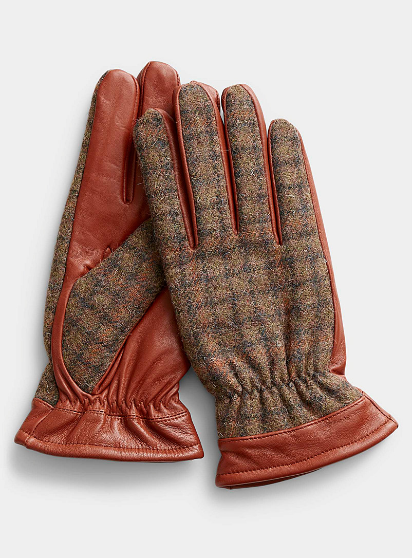 Le 31 Patterned Brown Check-top mixed-media gloves for men