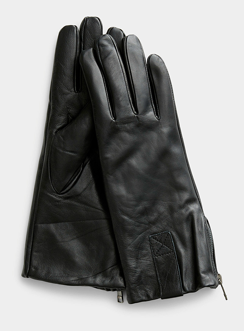 Le 31 Black Accent zip leather gloves for men