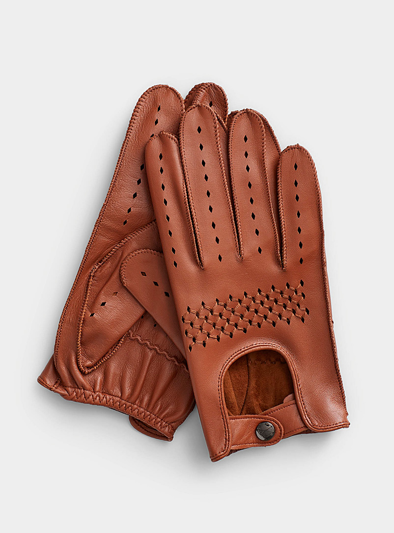 Le 31 Light Brown Perforated leather driving gloves for men