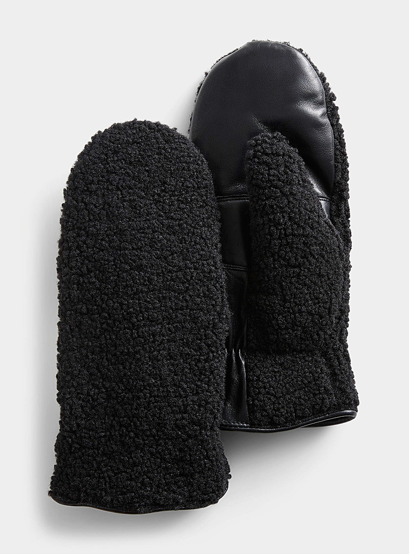 Simons Black Leather and bouclé mittens for women