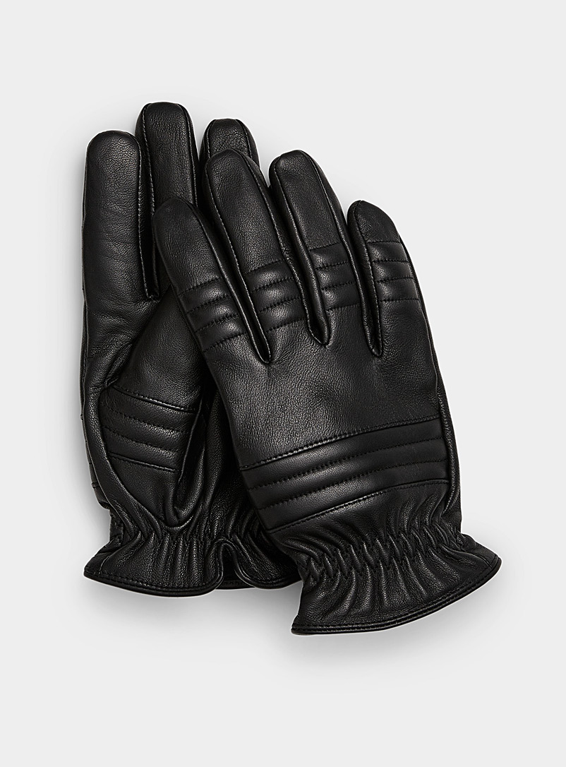Le 31 Black Topstitched leather biker gloves for men
