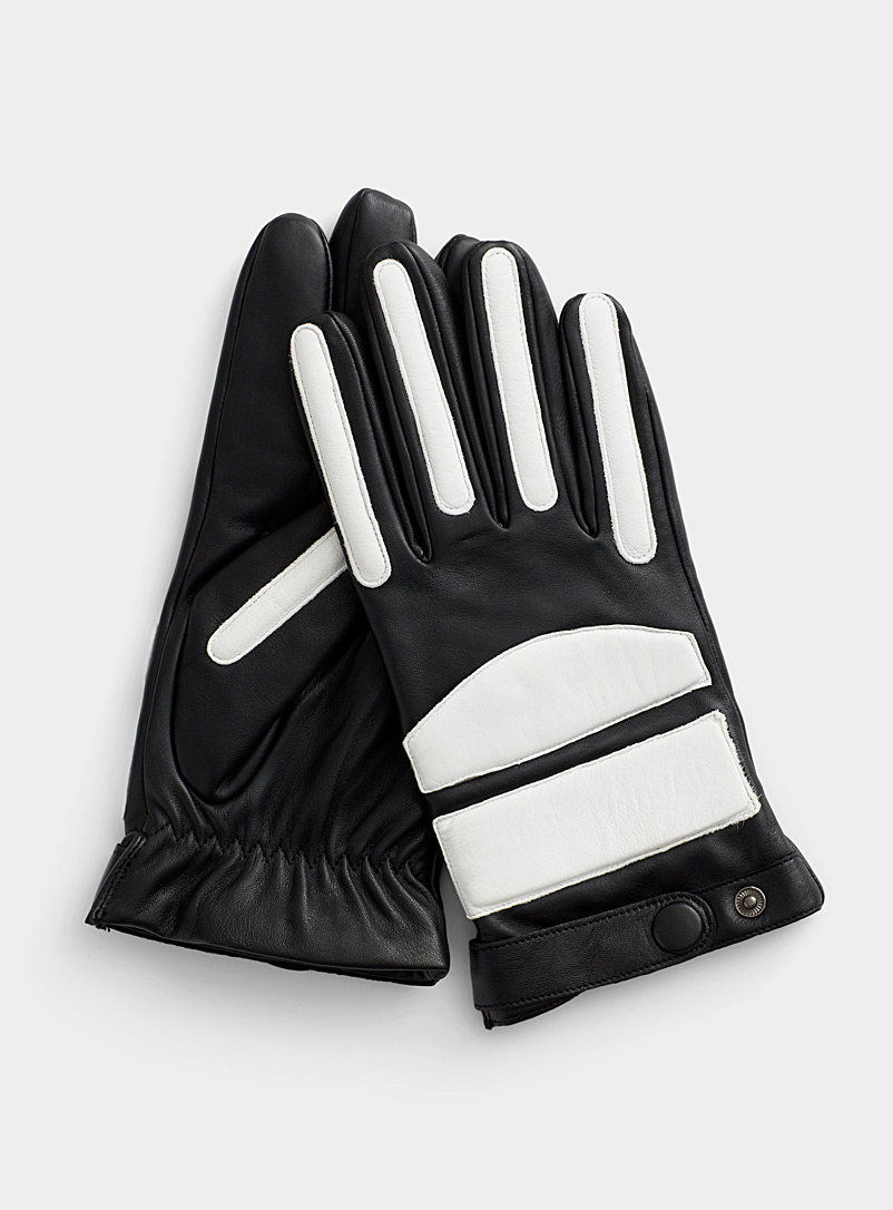 Le 31 Black Black-and-white leather biker gloves for men