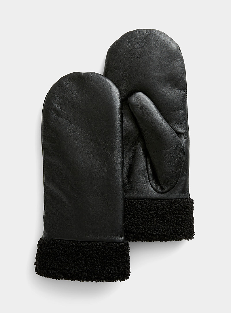 Simons Black Sherpa-cuff sheepskin leather mittens for women